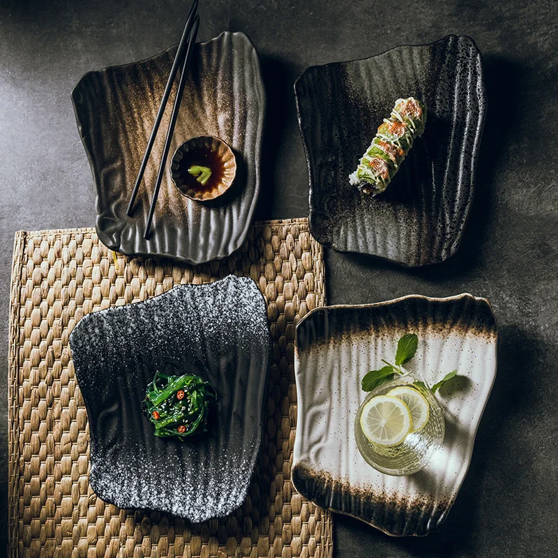 1TK 10-tolline loominguline keraamiline sushi plaat Jaapani-stiilis ebaregulaarne lamedad Must hommikusöök plaat Kodus keedetud roog suupiste plaat0