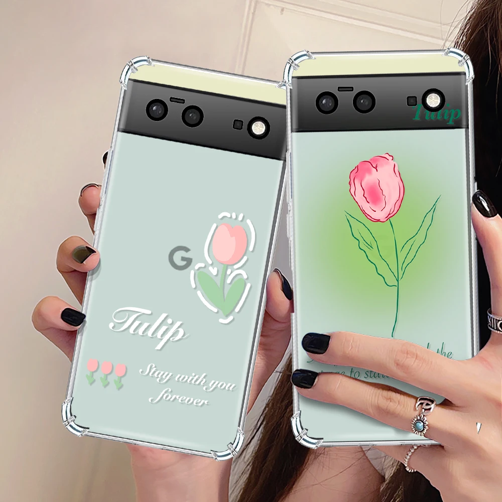 ins Tulip Flower Telefoni puhul Google Pixel 7a 7Pro 7 Luksus Põrutuskindel Pehme SiliconeTransparent Fundas Pixel 6a 6 6Pro0