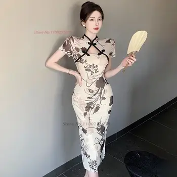 2023 hiina traditsiooniline kleit prantsuse seksikas retro vintage idamaine lille prindi qipao pool aasia kleit naiste bodycon vestidos