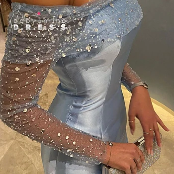 BABYONLINE فساتين السهرة Ametlikule Ballile Hommikumantlid Saudi Araabia Glitter Sequines Off-Õla Blue Satiin Seelik Gownفساتين مناسبة رسمية