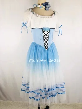 Gisele tutu Talupoeg Variatsioonid Pikk seelik kohandatud sinine kalle valge tikitud lilleline kleit