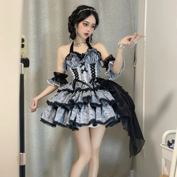 Jaapani Tume Gooti Lolita OP Kleit Naiste Vintage Elegantne Vibu Lille Kolm Punkti peokleidid Tüdrukutele Slim Lühikese Varrukaga Kleit