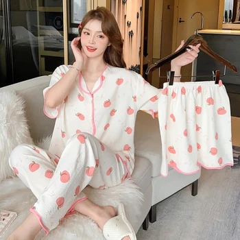 Pluss Suurus Pajama Mujer Kirss Prindi Sleepwear Komplekt Lühikesed Varrukad Top+Püksid Püksid Ruffle Homewear Naha-Sõbralik Hingav