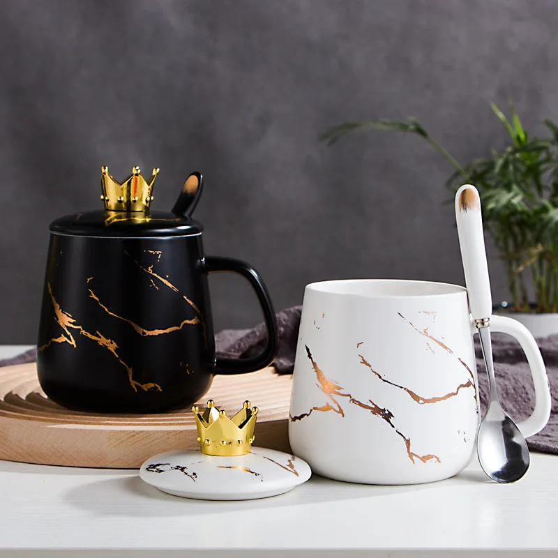 Põhjamaade ins hommikusöök tass kaanega lusikaga keraamiline tass marmor vee tassi kohvi tassi luu hiina crown keraamiline kruus0